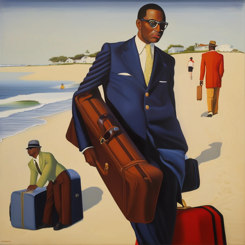 Oil painting of man with suitcase and suitcase on the beach, inspired author:Barkley Hendricks, The album cover, tyler, from Kahinde Wiley, author:Barkley Hendricks, Robert Barague (Robert Ballagh) of inspiration, tyler·米切尔风格, Kahinde Wiley, Inspired by Kadir Nelson, Inspired by Archibald Motley (Archibald Motley), official art works, Kenton Nelson