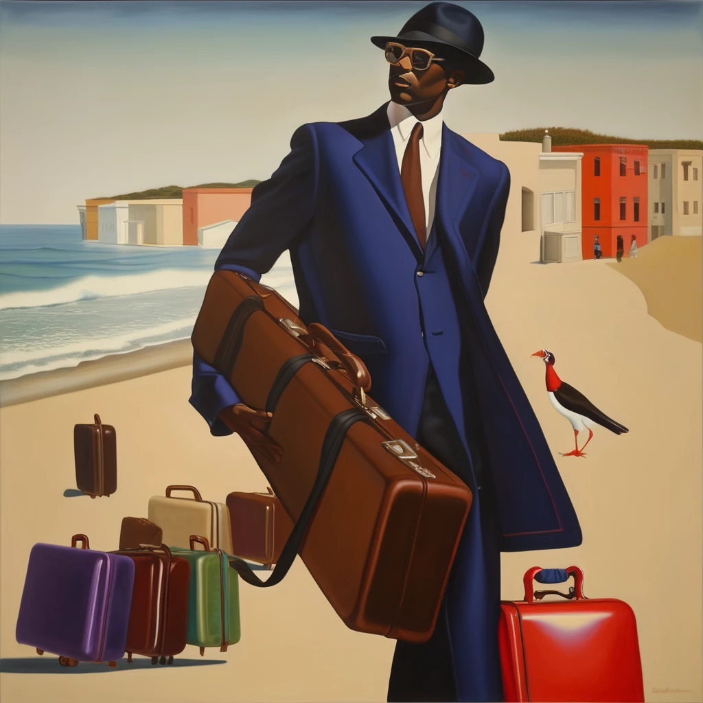 Oil painting of man with suitcase and suitcase on the beach, inspired author:Barkley Hendricks, The album cover, tyler, from Kahinde Wiley, author:Barkley Hendricks, Robert Barague (Robert Ballagh) of inspiration, tyler·米切尔风格, Kahinde Wiley, Inspired by Kadir Nelson, Inspired by Archibald Motley (Archibald Motley), official art works, Kenton Nelson