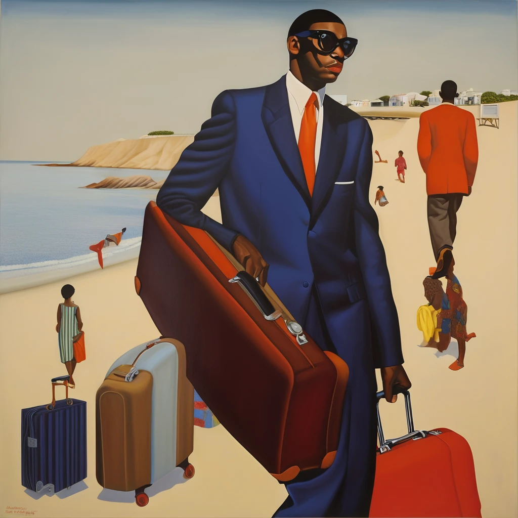 Oil painting of man with suitcase and suitcase on the beach, inspired author:Barkley Hendricks, The album cover, tyler, from Kahinde Wiley, author:Barkley Hendricks, Robert Barague (Robert Ballagh) of inspiration, tyler·米切尔风格, Kahinde Wiley, Inspired by Kadir Nelson, Inspired by Archibald Motley (Archibald Motley), official art works, Kenton Nelson