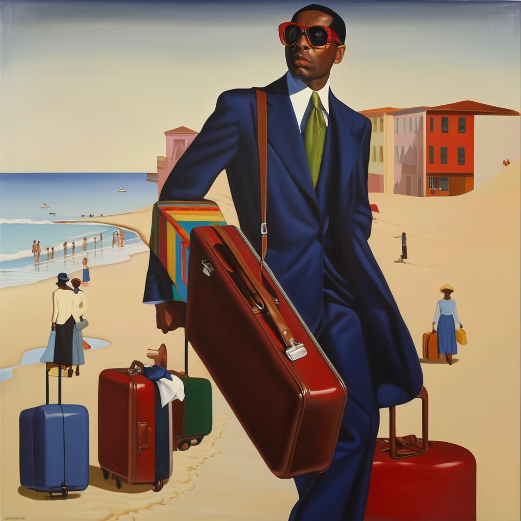 Oil painting of man with suitcase and suitcase on the beach, inspired author：Barkley Hendricks, The album cover, tyler, from Kahinde Wiley, author：Barkley Hendricks, Robert Barague (Robert Ballagh) of inspiration, tyler·米切尔风格, Kahinde Wiley, Inspired by Kadir Nelson, Inspired by Archibald Motley (Archibald Motley), official art works, Kenton Nelson