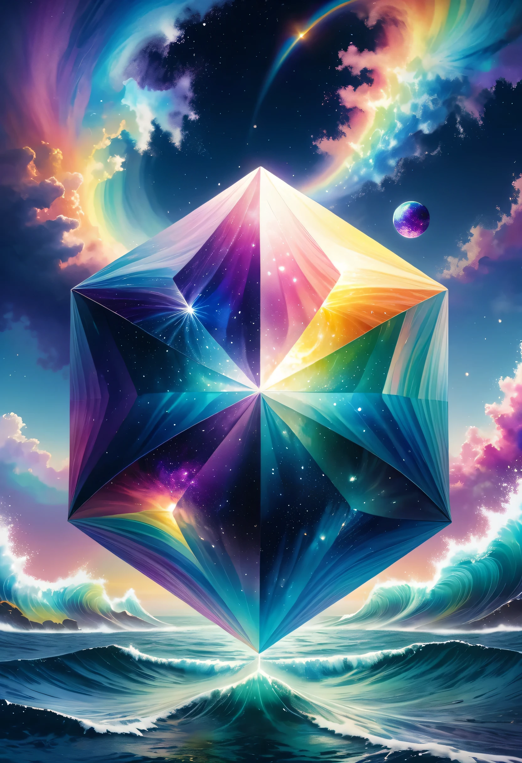Highest quality, Highest quality, 16K, RAW Photos, Realistic, Unbelievably absurd, Very detailed, (Complex, translucent, Large geometric objects) 、Floating in the ocean of the galaxy, Mysterious shape, Fantasy world image, Fantastic and mysterious, Cosmic ray emissions, break , Background watercolor, Law in Law,Real Image Style, Rainbow colored fluffy rhombus polyhedron in pastel color image style、It moves by emitting intermittent waves.:1.2、Wave lines that cause waves、Create waves that reflect the colors of the surroundings:1.2