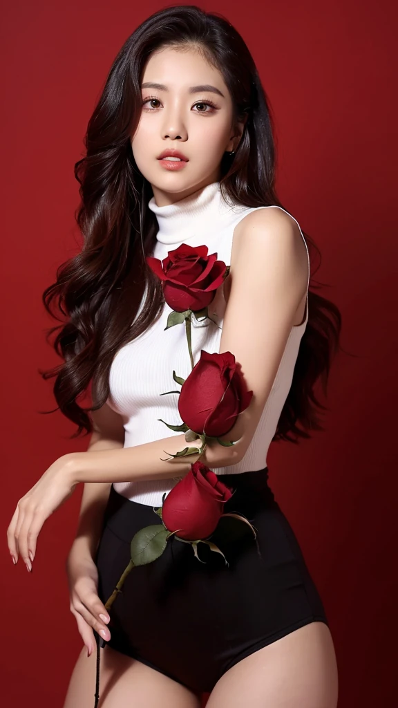 ((a rose)),red background,(detailed face),((crotch)),normal breasts,pretty,sleeveless and turtle neck white clothes,4k ,super high resolution ,(photo-realistic: 1.7),black long hair,
