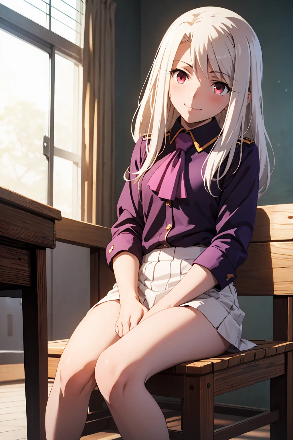 nsfw highest quality, (masterpiece:1.2), Very detailed, destiny/Background of stay, indoor, Illyasviel von Einzbern, etc., One girl, alone, Sitting, Looking at the audience, Mouth closed, smile, Long Hair, Gray Hair, Red eyes, Purple Shirt, Ascot, White skirt, cute white panties Spread your legs blush Completely naked topless