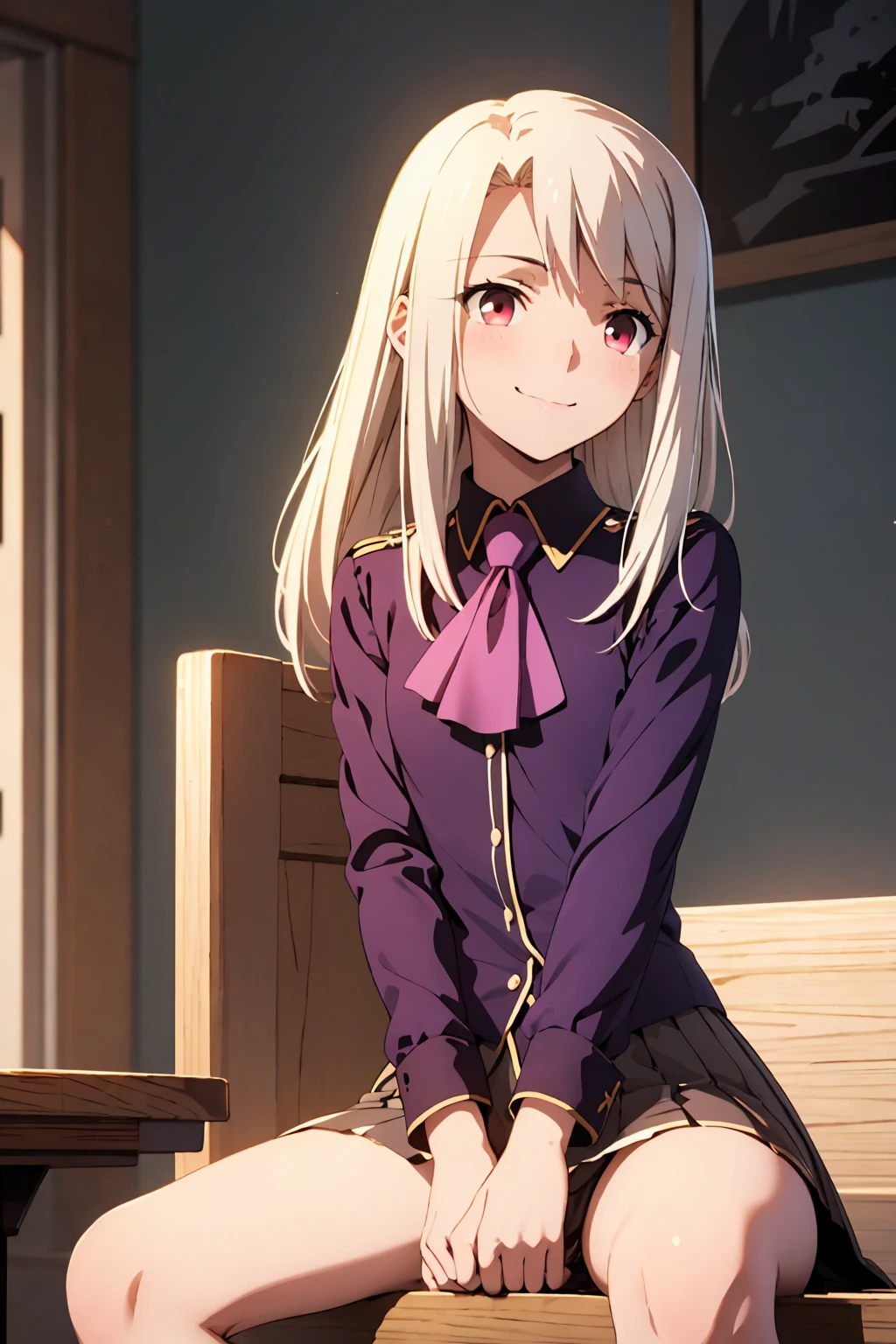 nsfw highest quality, (masterpiece:1.2), Very detailed, destiny/Background of stay, indoor, Illyasviel von Einzbern, etc., One girl, alone, Sitting, Looking at the audience, Mouth closed, smile, Long Hair, Gray Hair, Red eyes, Purple Shirt, Ascot, White skirt, cute white panties　Spread your legs　blush　Completely naked　topless