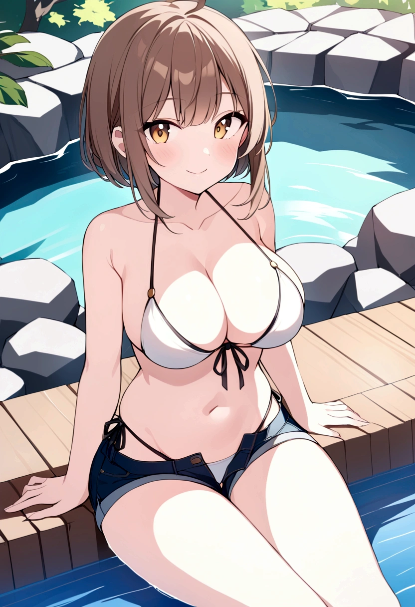 slender, mature female1girl, breasts, rating:safe, navel, smile, swimsuit, bikini, white_bikini, looking_at_viewer, brown_hair, solo, cleavage, halterneck, large_breasts, bare_shoulders, water, sitting, stomach, collarbone, front-tie_top, shorts, thighs, short_hair, brown_eyes, halter_top, blush, front-tie_bikini, string_bikini, side-tie_bikini, bangs, sidelocks, outdoors, long_hair, closed_mouth, arm_support, soaking_feet, short_shorts, black_shorts, eyebrows_visible_through_hair, rock, denim, bare_arms, onsen, yellow_eyes, pool, denim_shorts, open_fly, midriff, ahoge, river, day, groin