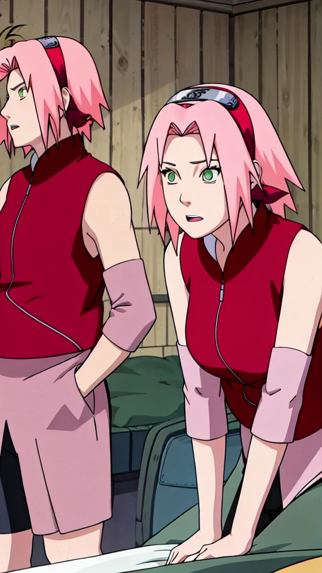 Sakura Haruno, Sakura Shippuden, Sleeveless, Masterpiece, 1 woman, green eyes, Amazing picture of the hot neighbor with her hair tied up in a messy bun. Wearing an unbuttoned olive green off-the-shoulder shirt and an oversized kiss, she makes out passionately with her male neighbor on her bed in an intimate setting., Sharp picture, full body