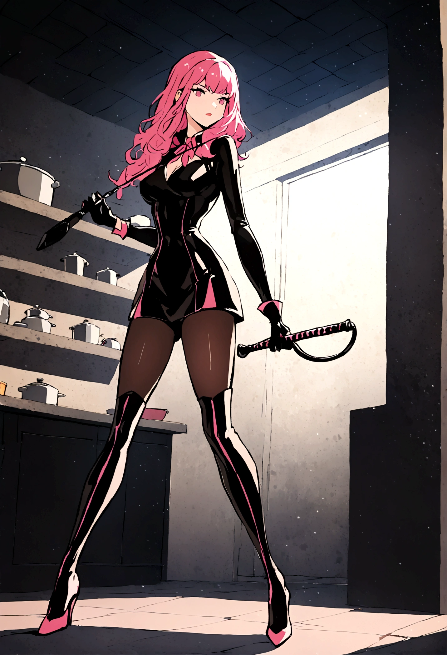 perfect and beautiful face, beautiful girl in hot pink and black pointed toe stiletto knee high boots, standing in kitchen holding a whip ,, leatgher gloves on, thick slim waist