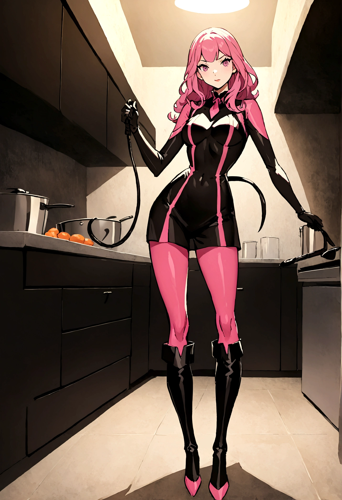 perfect and beautiful face, beautiful girl in hot pink and black pointed toe stiletto knee high boots, standing in kitchen holding a whip ,, leatgher gloves on, thick slim waist