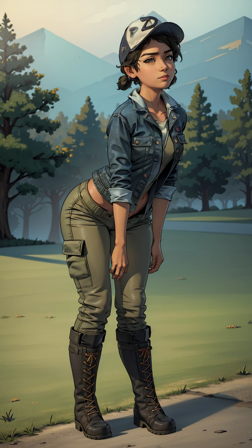 ((masterpiece, best quality)),(complex lighting) ,solo,(((1girl))) ,clementine, light skin,light-skinned female, baseball cap, green cargo pants, brown eyes, tight pants, combat boots, shirt, short hair, one short ponytail, open denim jacket, huge butt, thicc butt , (((8k))), (((full body))), (((bent over))), (((looking at the viewer))), big butt