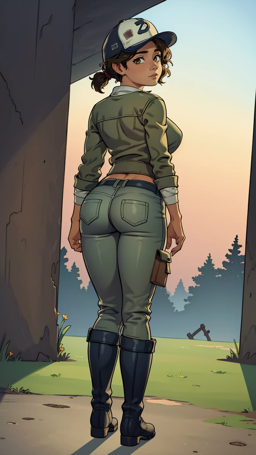 ((masterpiece, best quality)),(complex lighting) ,solo,(((1girl))) ,clementine, light skin,light-skinned female, baseball cap, green cargo pants, brown eyes, tight pants, combat boots, shirt, short hair, one short ponytail, open denim jacket, huge butt, thicc butt , (((8k))), (((full body))), (((bent over))), (((looking at the viewer))), big butt