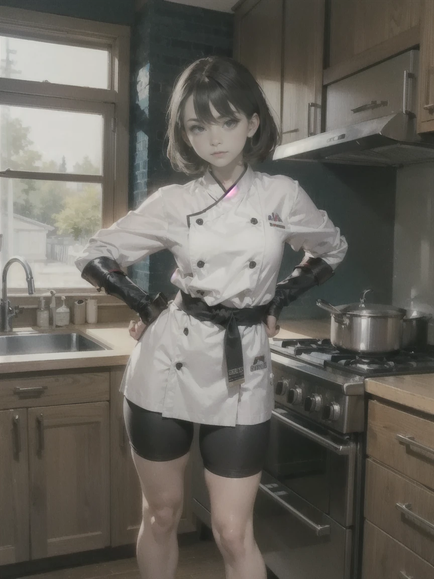 masterpiece,best quality,
solo,1girl,cute,karate gi,bike shorts,oversized mechanical gauntlets,open stance,
chef-d&#39;ouvrages d&#39;art, best quality, Ultra-detailed, 4K quality, yeux expressifs, visage parfait, anatomie parfaite, corps parfait, Realistic, 1 gfille, mature girl, tout le corps, Les cheveux long et noirs, pale skin, pupilles rouges, cicatrice sur le visage, detailed eyes, yeux parfaits, boucles d&#39;oreilles en argent, Detailed lips, He sits on a black marble throne, High level black military uniform with silver and gold accessories, peaked cap, Empereur masculin, Souverain du royaume, ambiance sombre, legs crossed,  Coup de cuisse 