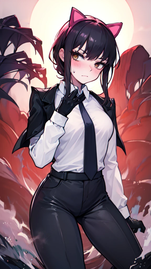 18-year-old girl，cute，Wear a white long-sleeved shirt and a black jacket and a black work tie，Wear black trousers，Wear black booties，Wear white gloves，wear cat ear，Wearing a collar，Black hair，Black eyes，Very thin waist，Very thin legs，Handsome，Disdainful and cold expression，shy，blush，scared，Sweating，tired，pornography，porn action