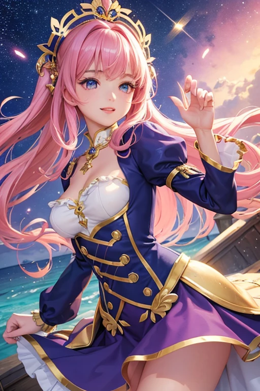Highest quality、Highest quality、Masterpiece、woman1people、Purple shiny decollete dress、Golden embroidery、Frill mini skirt dress、Perfect body line、Adorable poses、Realistic、Glowing Skin、Groomed eyebrows、Pink Lips、Pink Hair、Blue Eyes、Twin tails、delicate、Shiny Hair、detailed、Skirt in the wind、The background is the starry sky and the sea