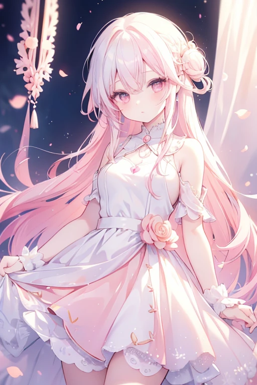 1girl, anime teen girl, pink eyes color, long hair fantasy princess hairstyles, studio anime art style, white princess dress outfit, *hair color:#f9c7b1*, fun expression smiles, fun smile, fantasy castle king hall, snow white walls, detailed face, detailed hands, detailed eyes, detailed lips, extremely detailed high quality, masterpiece, (best quality,4k,8k,highres,masterpiece:1.2), cinematic lighting,
