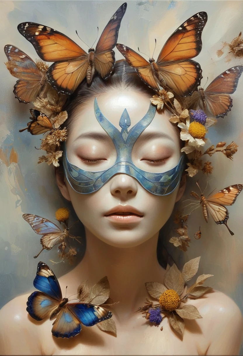 Oil painting of a woman with a butterfly mask on her head, Jonathan Young Pintura, Adriano Borda, Moths crawling on my face, Mixed media in clay form, Intricate oil painting artwork, Shin Jin Hye, Mixed Media, directed by: Ishaq Holtz, Half Woman Half Butterfly, Made from dried flowers, Highly conceptualized figurative art, Portrait of a fairy