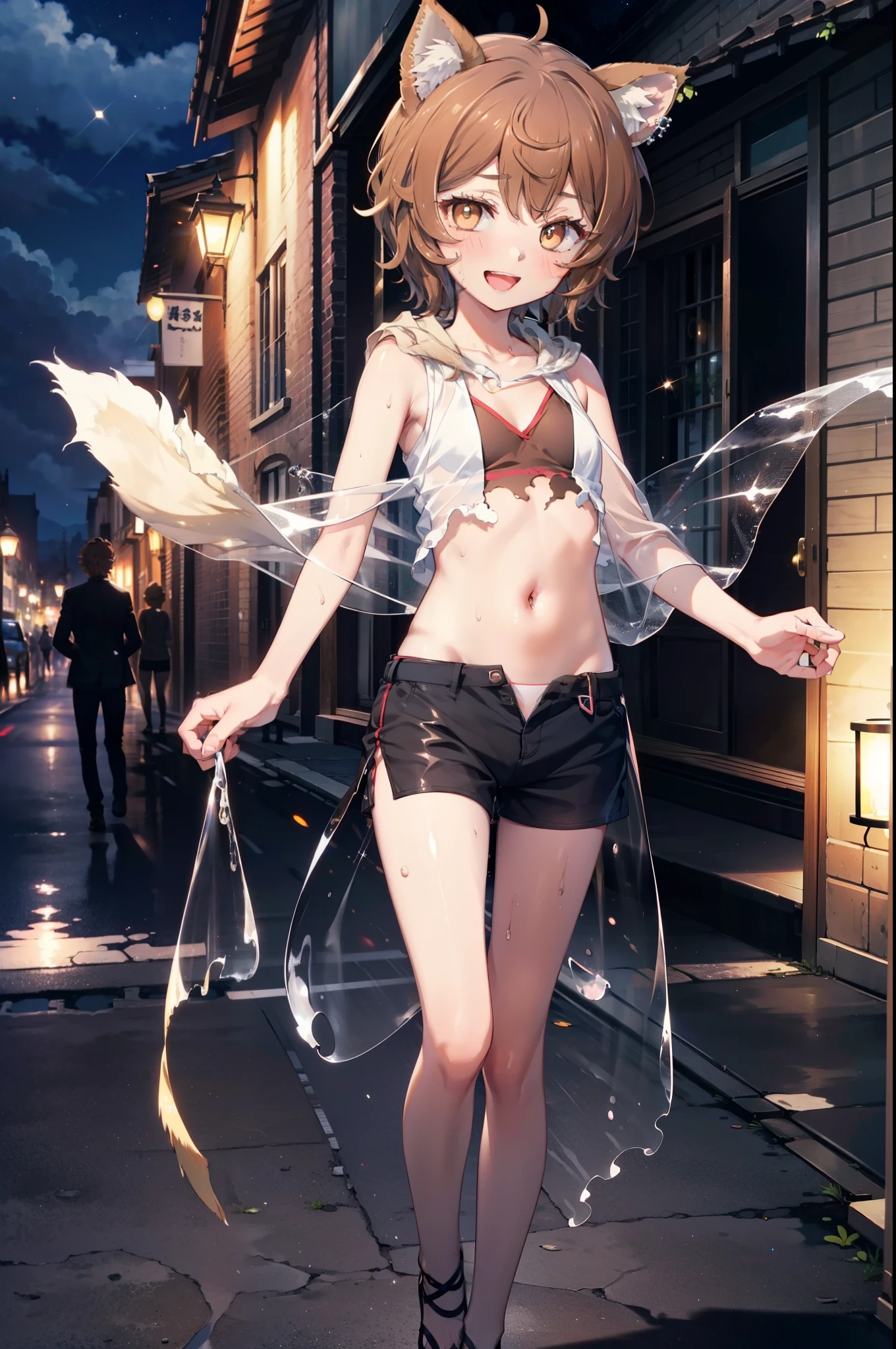 Lirilkaード, Lirilka, Animal ears, (Brown eyes:1.7), Brown Hair, (Flat Chest:1.2), happy smile, smile, Open your mouth,Sweat,See-through clothes,short hair,White Tank Top,Belly button,Shorts,Cute Sandals ,Walking during the day,Clear skies, break looking at viewer, whole body, break outdoors ,Residential Street, break (masterpiece:1.2), Highest quality, High resolution, unity 8k wallpaper, (shape:0.8), (Beautiful and beautiful eyes:1.6), Highly detailed face, Perfect lighting, Highly detailed CG, (Perfect hands, Perfect Anatomy),