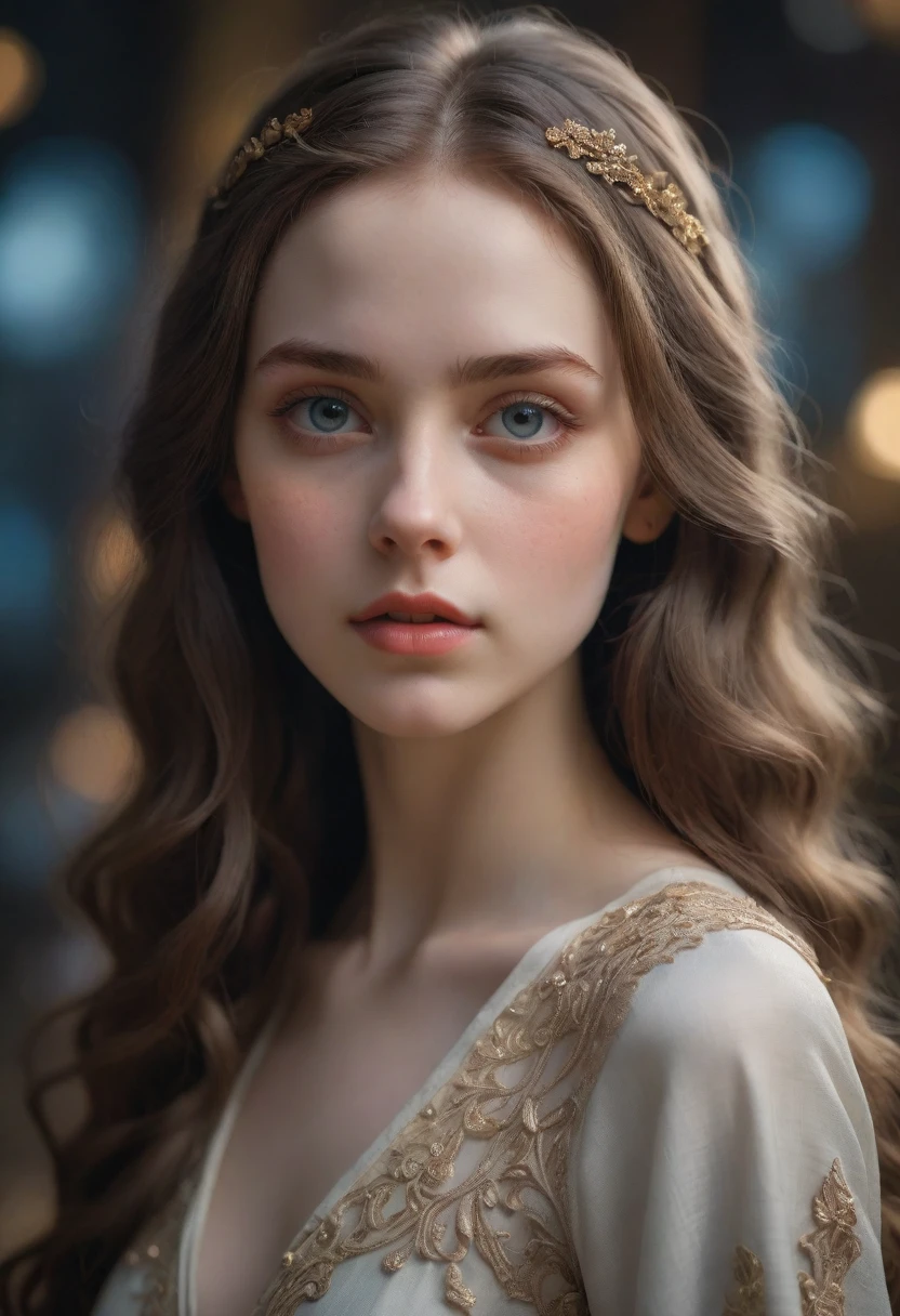 a beautiful otherworldly girl, exquisitely detailed facial features, large mesmerizing eyes, delicate porcelain skin, long flowing hair, elegant posture, ethereal grace, vibrant colors, dramatic lighting, cinematic composition, digital art, intricate details, masterful photorealism, 8k, best quality, hyper-realistic, 1girl
