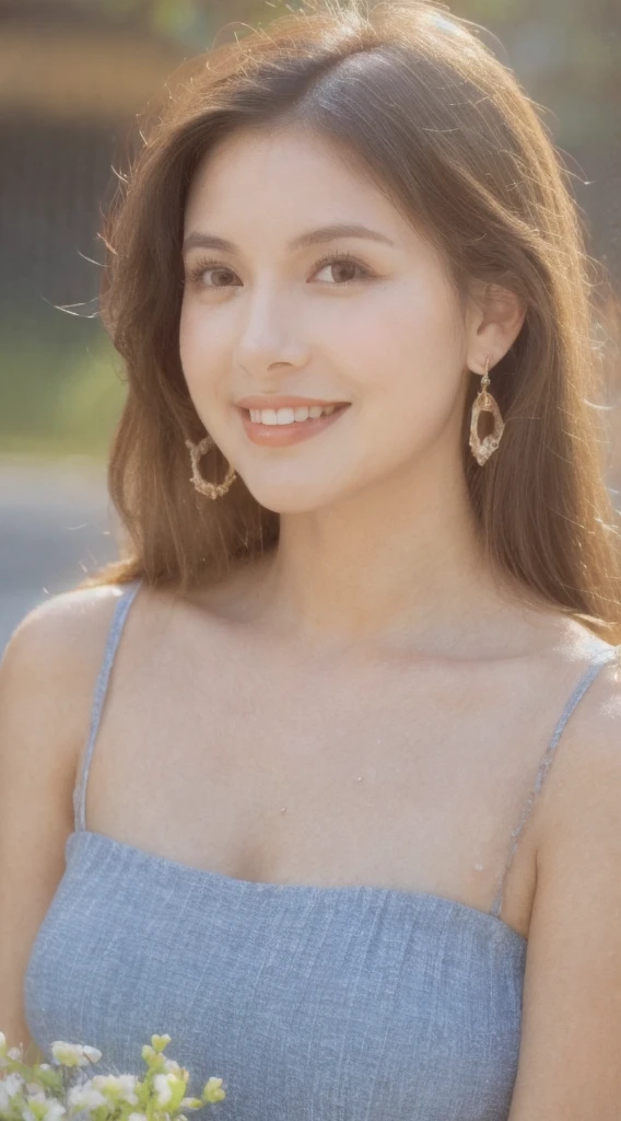((Best Quality, 8K, Masterpiece:1.3)), Focus: 1.2, Perfect Body Beauty: 1.4, Buttocks: 1.2, ((Layered Haircut, Breasts: 1.2)), (Wet Clothes: 1.1), (Rain, Street:1.3), Bandeau Dress: 1.1, Highly Detailed Face and Skin Texture, Fine Eyes, Double Eyelids, Whitening Skin, Long Hair, (Shut Up: 1.3), Smile "Create a high-quality profile picture of a young Latina woman named Bella Rivera. She is 24 years old, with a softer, curvier build and a warm medium-tan complexion. Bella has an oval-shaped face with high cheekbones, almond-shaped dark brown eyes, and thick, well-groomed eyebrows with a natural arch. Her nose is straight with a slight elegant curve, and she has full lips with a natural pink hue. Bella has a bright, warm smile with subtle dimples, and a small beauty mark above her upper lip on the left side. Her long, wavy hair is deep brown with natural highlights.
In this photo, Bella is wearing a casual yet feminine outfit. She is dressed in a flowy, floral-patterned sundress that highlights her curves and enhances her soft build. The dress has a light, pastel color palette and delicate details such as ruffles or lace. She accessorizes with simple, elegant jewelry like small hoop earrings, a delicate necklace, and a couple of bracelets. Her makeup is natural, with a focus on her bright smile and expressive eyes.
Bella should be standing or sitting in a relaxed and comfortable pose, perhaps holding a cup of coffee or a bouquet of flowers, to enhance the casual and feminine vibe. The background should be a softly blurred outdoor setting, like a park or garden, with natural light highlighting her features and outfit."
