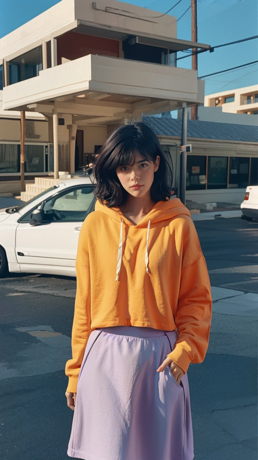 photo cinematic photograph long shot portraits by Wes Anderson, cute 23 yo girl ,fokus, bokeh ,wear ((orange color oversized_hoodie)), wear ((purple tennis skirt)),looking front,Best Quality,Masterpiece,Ultra High Resolution,(Realisticity:1.4),Original Photo, 1Girl, light leak,ultra high resolution,UHD,beautiful, (black bob hair), almond eye, no makeup, in front of ((80's los angles gas station)), (realistic:1.2), (surreal:1.3), (very detailed:1.1), ((masterpiece)),summer, blue sky, palm trees,sunny, los angles vibes,film camera, 800mm lens,style of Philip Lorca diCorcia