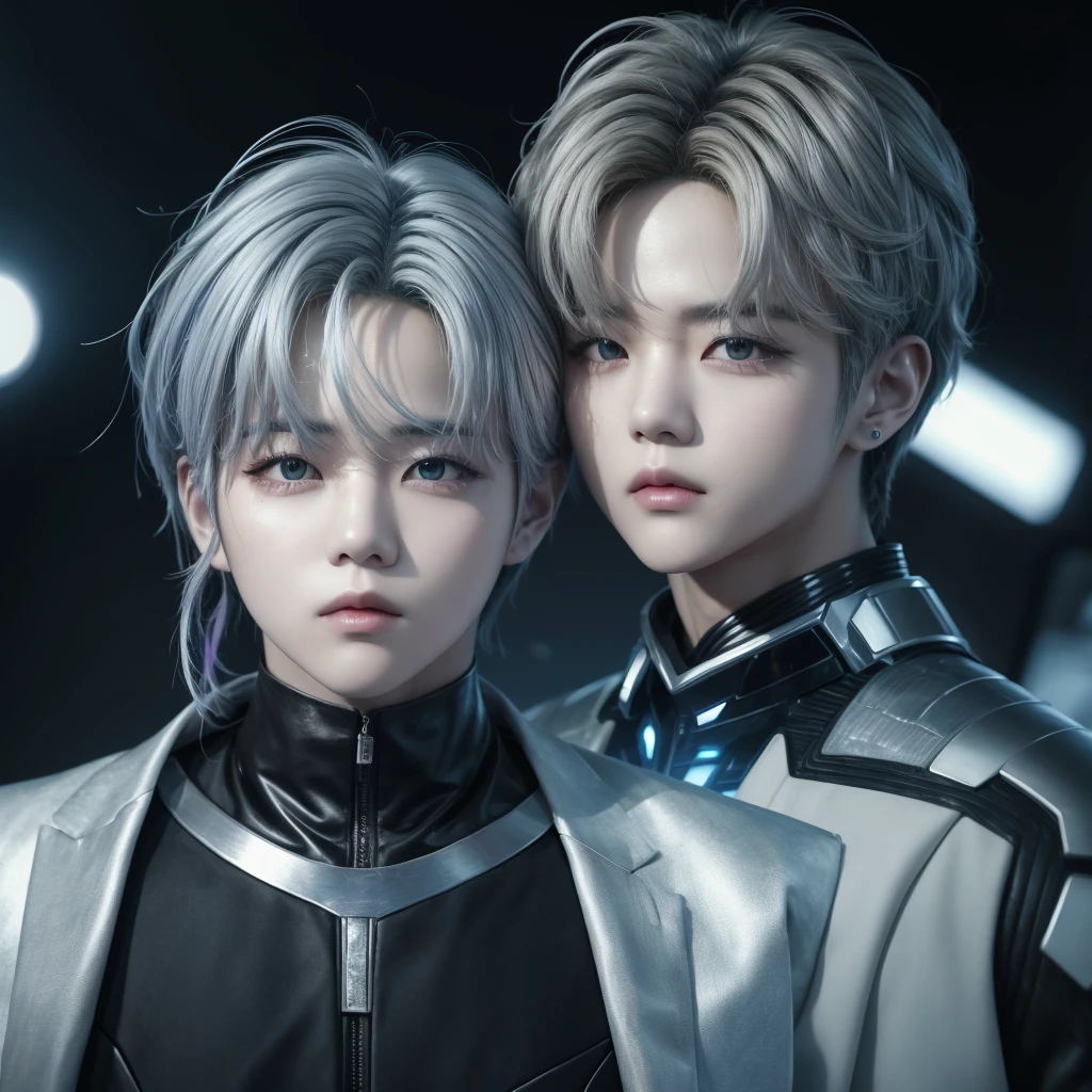 actriz and kpop idol more realism in hair and clothing.  
. "Create an image of Jimin from BTS with a futuristic look: silver hair, eyes of opposite colors and wearing a shiny suit in metallic and cyber tones."