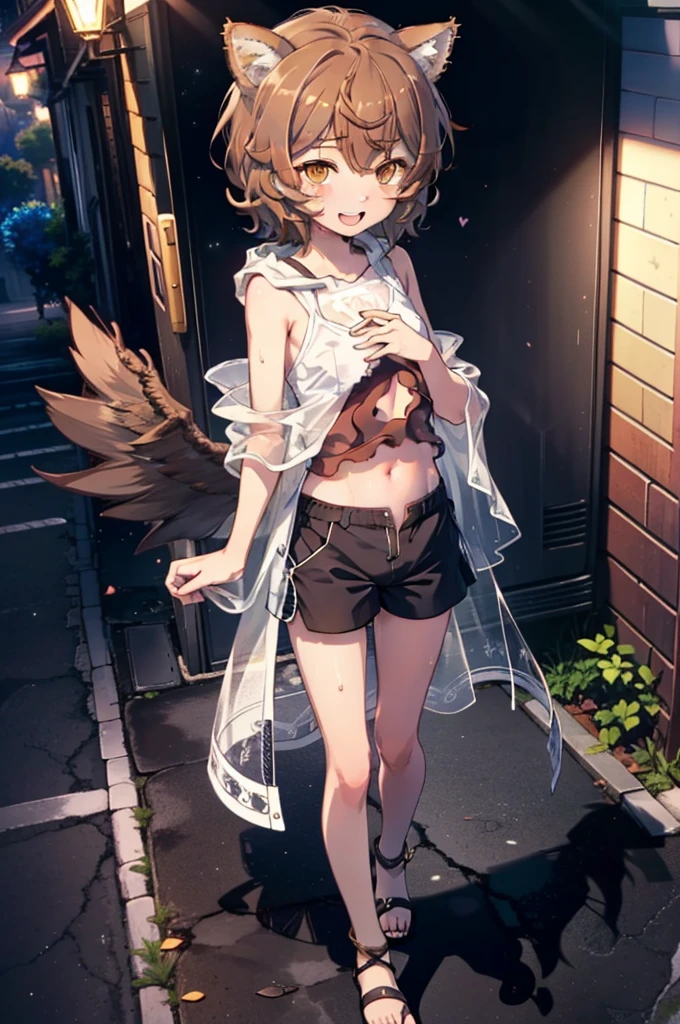 Lirilkaード, Lirilka, Animal ears, (Brown eyes:1.7), Brown Hair, (Flat Chest:1.2), happy smile, smile, Open your mouth,Sweat,Wet clothes,Wet Hair,Wet Skin,short hair,White Tank Top,Belly button,Shorts,gardenで水遊びしている,barefoot,生足 break looking at viewer, whole body, break outdoors ,garden,Home, break (masterpiece:1.2), Highest quality, High resolution, unity 8k wallpaper, (shape:0.8), (Beautiful and beautiful eyes:1.6), Highly detailed face, Perfect lighting, Highly detailed CG, (Perfect hands, Perfect Anatomy),