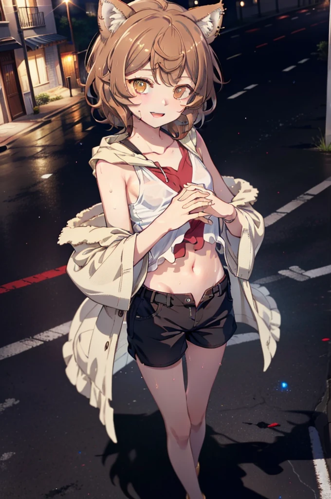 Lirilkaード, Lirilka, Animal ears, (Brown eyes:1.7), Brown Hair, (Flat Chest:1.2), happy smile, smile, Open your mouth,Sweat,Wet clothes,Wet skin short hair,White Tank Top,Belly button,Shorts,Cute Sandals ,Walking, break looking at viewer, whole body, break outdoors ,Residential Street, break (masterpiece:1.2), Highest quality, High resolution, unity 8k wallpaper, (shape:0.8), (Beautiful and beautiful eyes:1.6), Highly detailed face, Perfect lighting, Highly detailed CG, (Perfect hands, Perfect Anatomy),