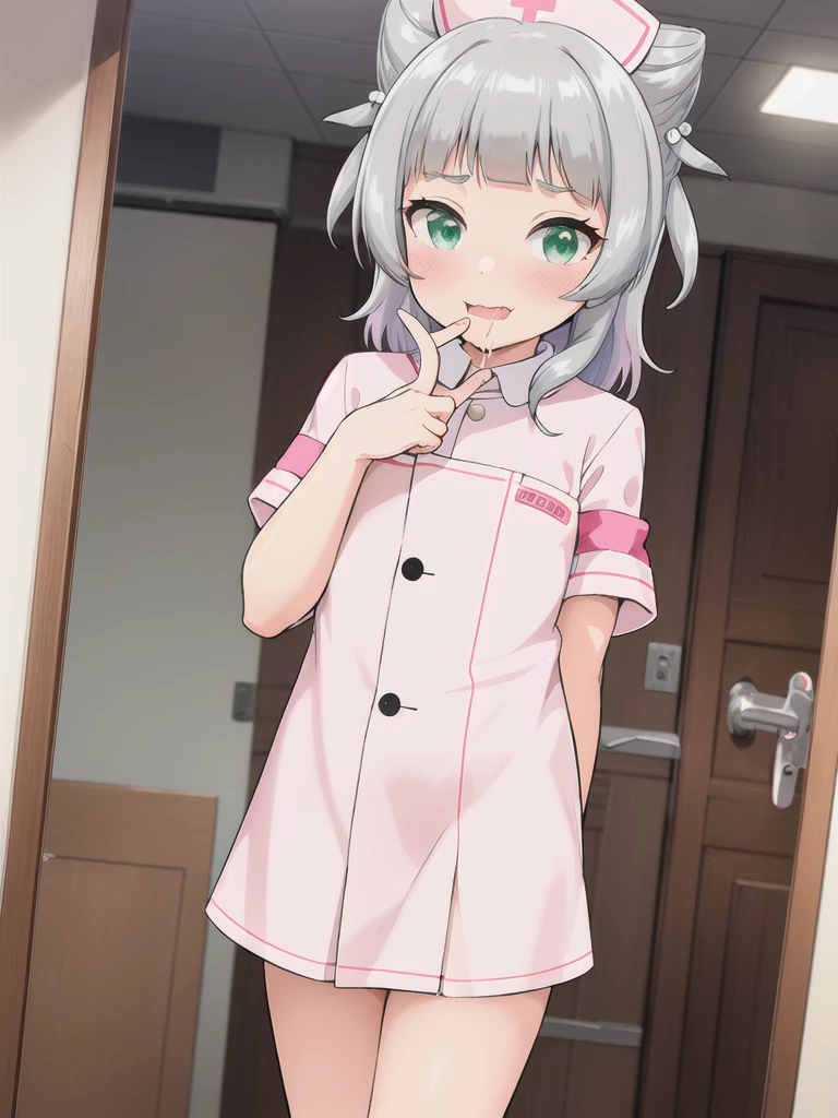 indoor,hospital,One girl, alone, Green Eyes, Grey Hair, hair ornaments, bangs, Virtual YouTuber, Shine, blunt bangs, Double Bang, Animal ears, Flat Chest,Pink nurse uniform,blush, (View your viewers), smile, Are standing,undressing,1boy,Bite your finger,saliva,orgasm