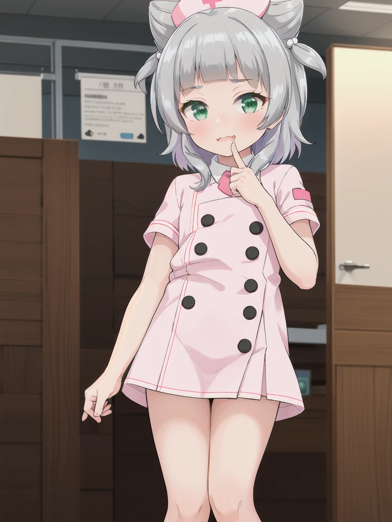 indoor,hospital,One girl, alone, Green Eyes, Grey Hair, hair ornaments, bangs, Virtual YouTuber, Shine, blunt bangs, Double Bang, Animal ears, Flat Chest,Pink nurse uniform,blush, (View your viewers), smile, Are standing,undressing,1boy,Bite your finger,saliva,orgasm