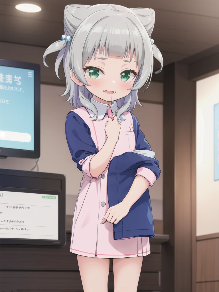 indoor,hospital,One girl, alone, Green Eyes, Grey Hair, hair ornaments, bangs, Virtual YouTuber, Shine, blunt bangs, Double Bang, Animal ears, Flat Chest,Pink nurse uniform,blush, (View your viewers), smile, Are standing,undressing,1boy,Bite your finger,saliva,orgasm