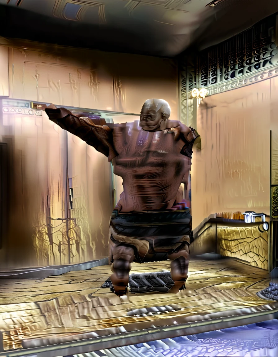 Full body shot of old giant sitting in sauna。Just as big，Too much muscle。The bronzed old man in shorts has a particularly large body。Strong and powerful, hard like a piece of iron, well-developed, full of strength, with a lot of flesh, and black skin。The whole body is getting bigger and stronger in the sauna。Huge breasts，The body swells。裸身Full body shot of old giant sitting in sauna。Just as big，Too much muscle。Bronze wear strong