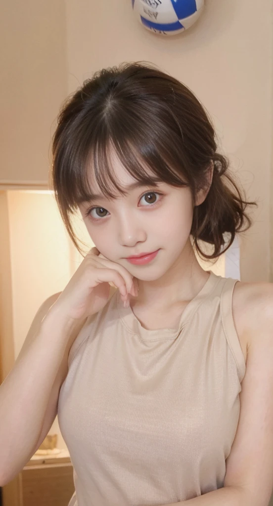 1lady solo, /(volleyball uniform/), /(dark brown hair/) bangs, blush light smile, (masterpiece best quality:1.2) delicate illustration ultra-detailed, large breasts BREAK /(volleyball court indoors/)