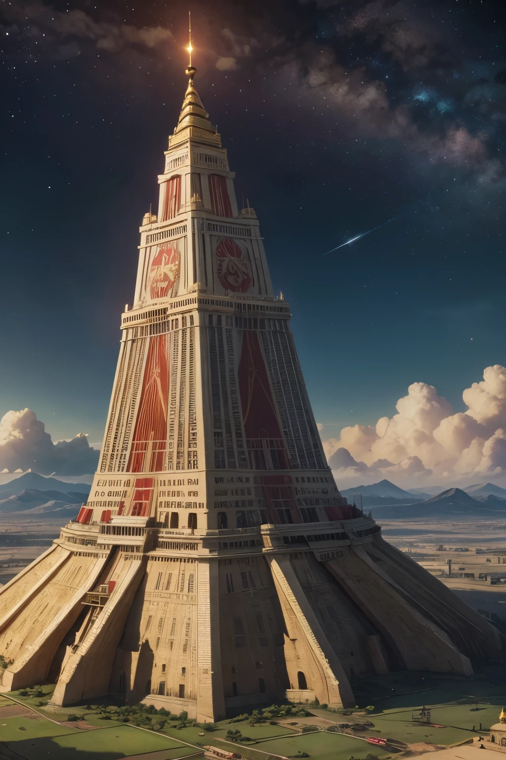 Empire flags inspired by the tower of Babel surrounded by angels with red color with gold details in rpg style