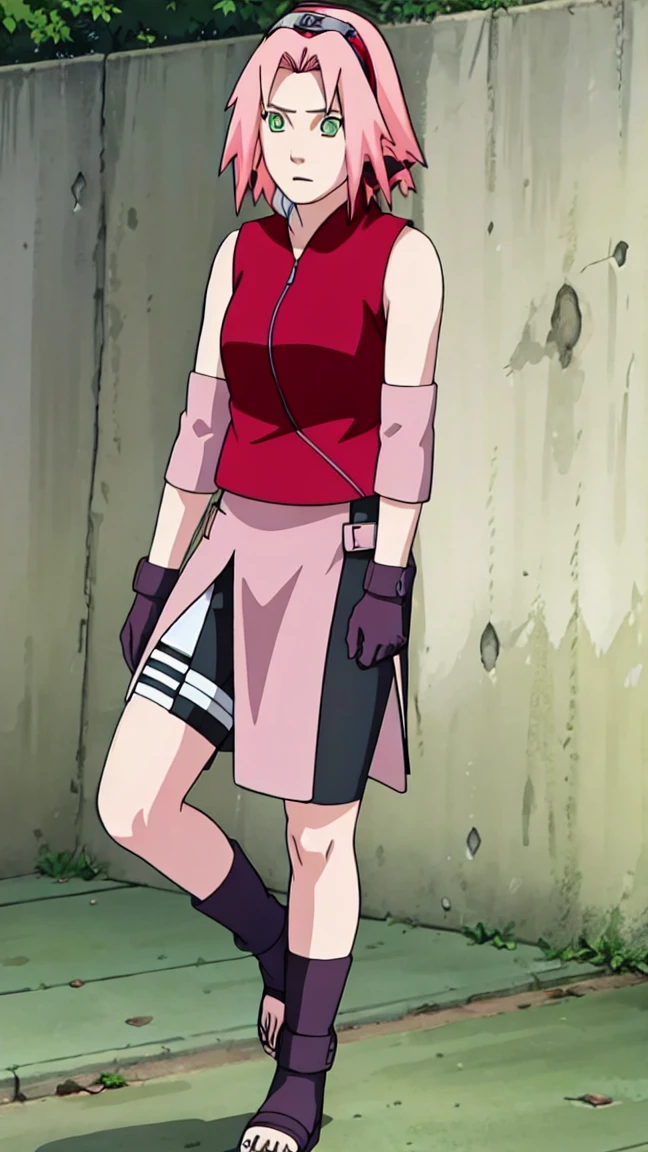 Sakura Haruno, Sakura Shippuden, open shirt,Unbuttoned, Split in the middle of the shirt, Sleeveless, Masterpiece, 1 woman, green eyes, condescending, elbow covers, black gloves, full body