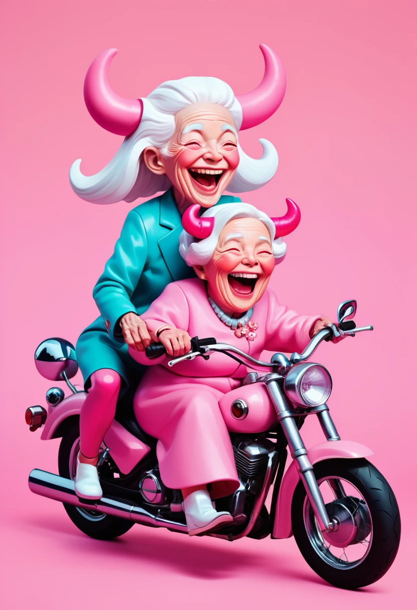 Jon Burgerman,Happy laughing old couple riding motorcycle, with horns on their heads, pink background, pink background,Zhang Jingna,in the style of aggressive digital illustration, bold and colorful portraits, lit kid, Picasso,Hikari Shimoda。