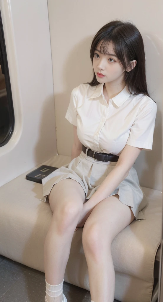 "(Masterpiece, High Definition, Ultra High Definition, 4K) Black hair, Japan girl, uniform skirt, emphasizing thighs, white thighs, soft thighs, glossy thighs, sitting on the train, face-to-face angle, (angle from below),sitting in the train seat,Sitting in front,Zoom camera in the crotch,Feet on the train floor,Full body,Looking down and sleepy,Looking at the viewer only", best quality, ultra high definition, (photorealistic:1.4),, high resolution, detail, raw photo, sharp re, Nikon D850 film stock photo by Lee Jefferies 4 kodak portra 400 camera f1.6 lens rich colors hyper realistic lively textures dramatic lighting unreal engine artstation trends cinestir 800,