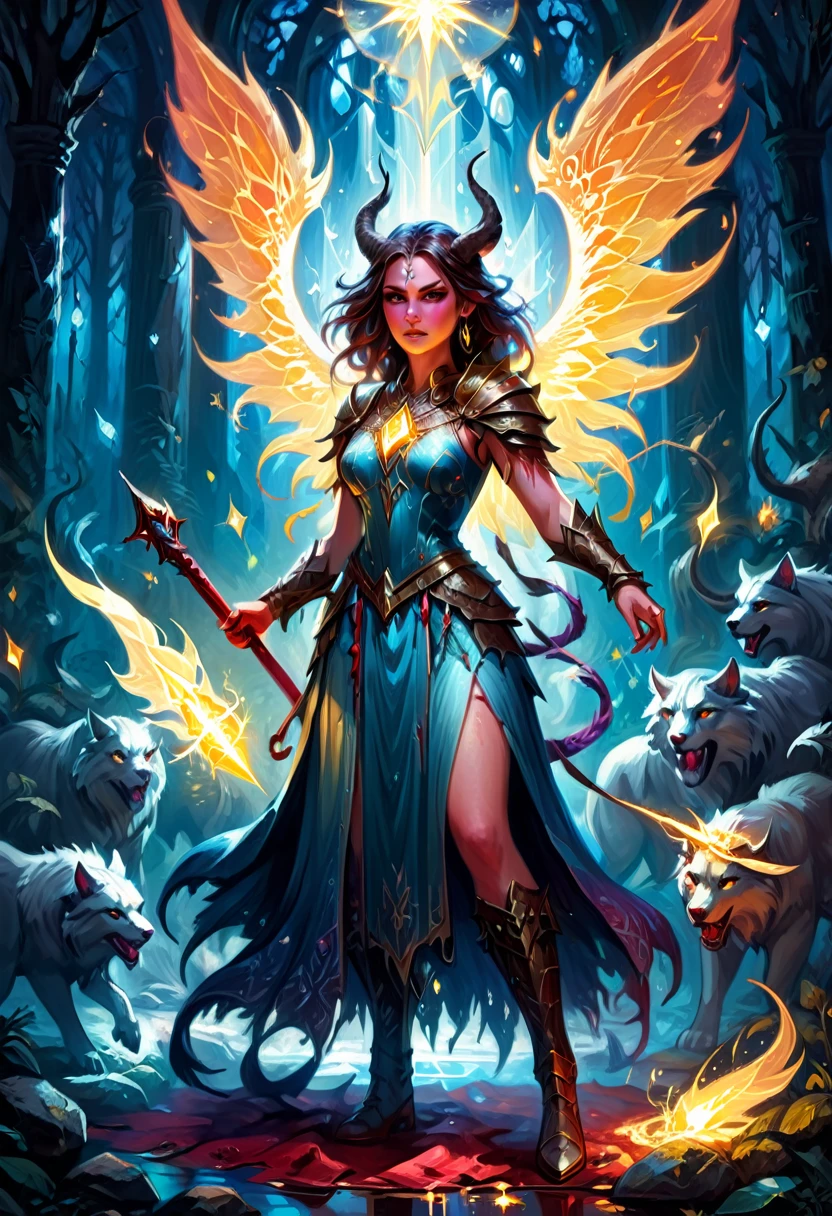 a medium detailed illustration of "Beasts of the Light," highlighting Liandra, with a "Bloody Neat" aesthetic and a touch of "Southern Pride" influence, vibrant colors, fantasy art, glowing elements, detailed character design, magical, dynamic pose, detailed background, mystical atmosphere, medium complexity, digital painting.