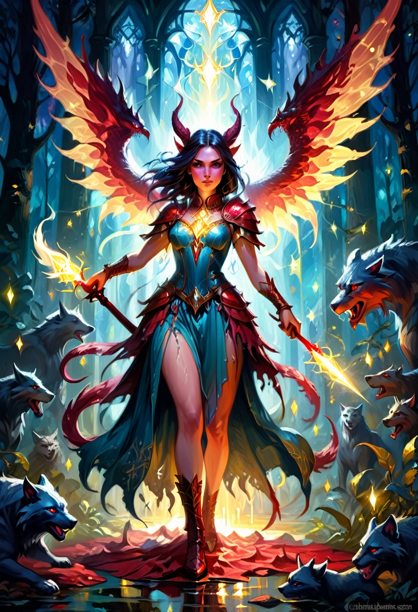 a medium detailed illustration of "Beasts of the Light," highlighting Liandra, with a "Bloody Neat" aesthetic and a touch of "Southern Pride" influence, vibrant colors, fantasy art, glowing elements, detailed character design, magical, dynamic pose, detailed background, mystical atmosphere, medium complexity, digital painting.