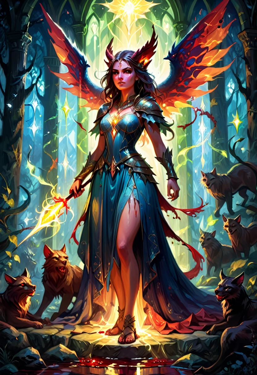 a medium detailed illustration of "Beasts of the Light," highlighting Liandra, with a "Bloody Neat" aesthetic and a touch of "Southern Pride" influence, vibrant colors, fantasy art, glowing elements, detailed character design, magical, dynamic pose, detailed background, mystical atmosphere, medium complexity, digital painting.