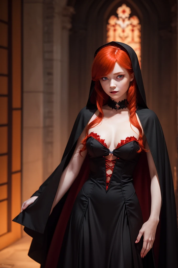 young redhead, with orange eyes, wearing a long black witch dress with red details and a long cape on her back black on the outside and red on the inside