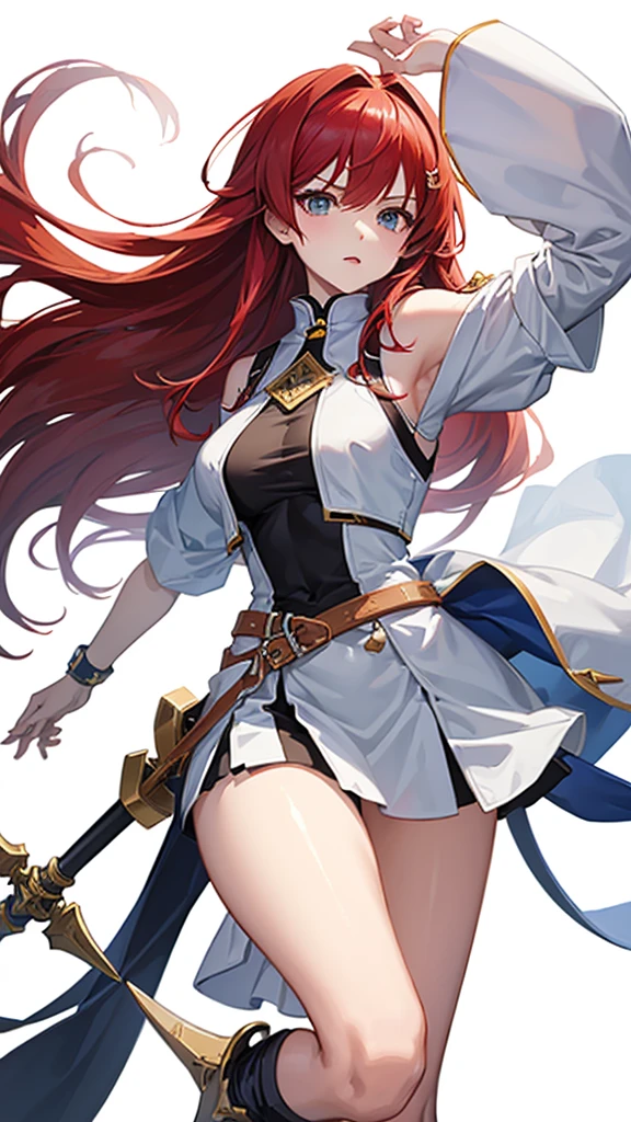 （whole bodyポートレート：1.5），jRPG Characters, jRPG Characters art, RPG Characters, whole body側面図, ((Pause)), Red hair, (To the camera), Character Design, ((Female Swordsman), Character Design, (Medieval), whole body, Holding a sword, (Perfect quality), Pure white background 世の), Pure white background, Lots of white space, Dark skin