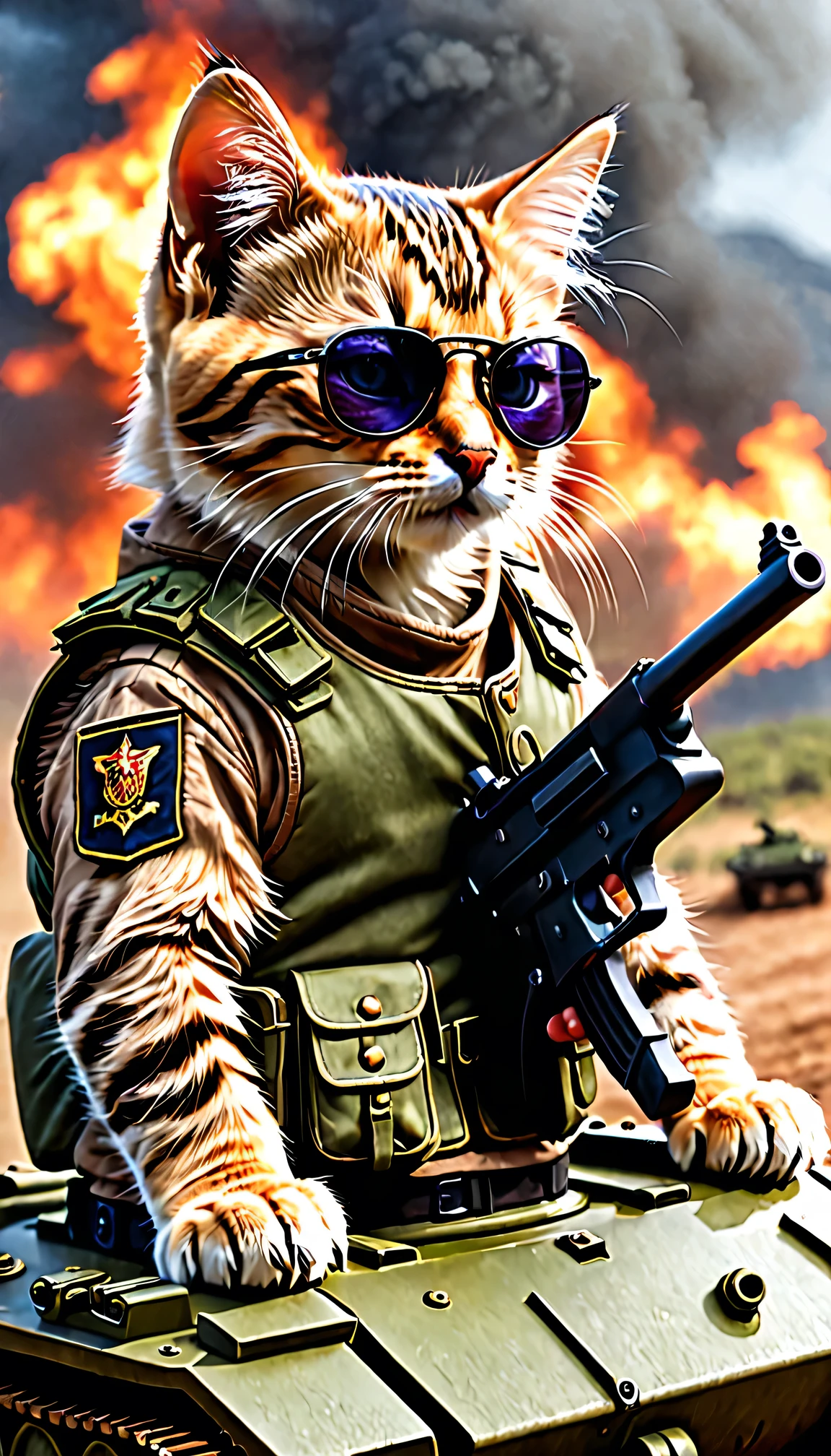 kitten, cool, general, on a tank, battle field, holding a pistol, scar on 1 eye, black glasses