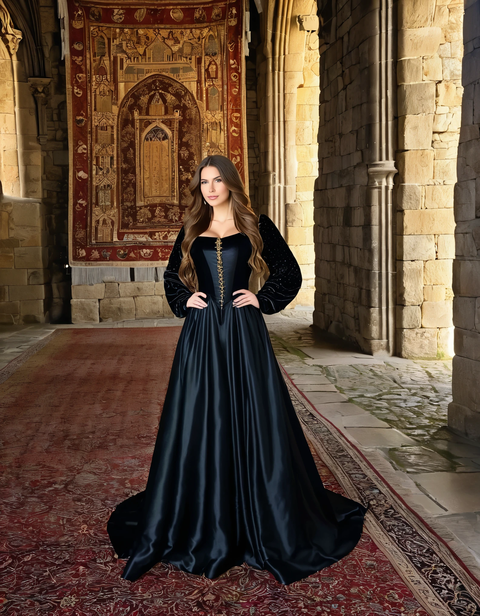 A woman with long brown hair, dressed in a black medieval dress, standing in a grand castle with tall, stone walls and tapestries.