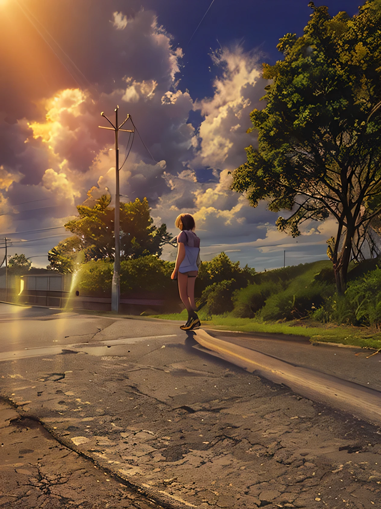 There is an 18-year-old girl with headphones on the street, on the way, bravely standing on the road, on the sidewalk, on a sunny day, on a sunny day, against the background of divine rays, standing on the road, distant view full-length portrait , lens flare photorealistic, standing on a hill, on the street, standing on a township street, long distance full body shot