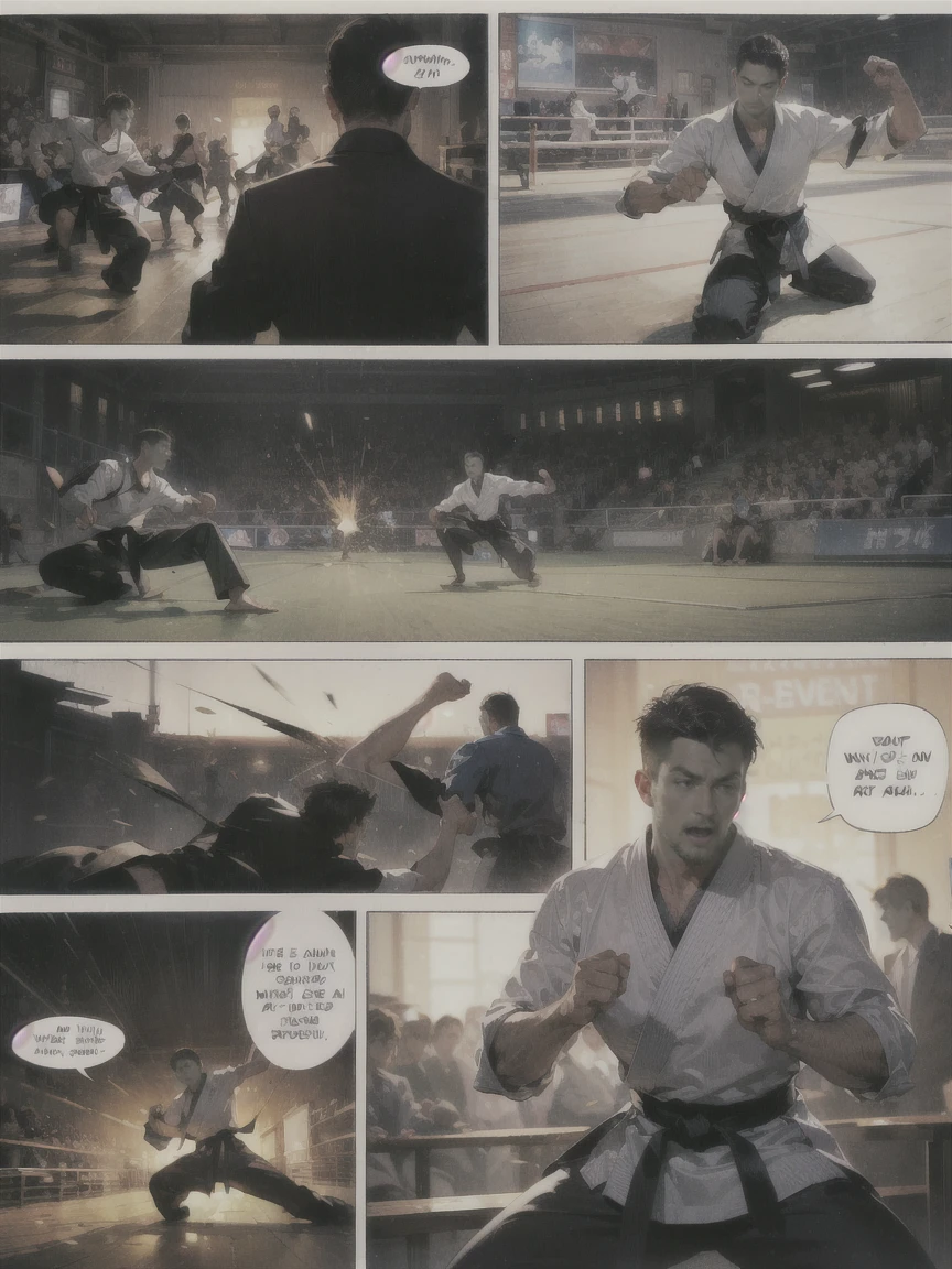 Manga Storyboard: 1.8, Manga Layout, "Martial Arts Matches, Fight between a man in street clothes and a woman in cheongsam", martial art、Fighting manga、karate、Outdoor Arena, Bare-handed fist fights, fighting spirit, undulation, accurate anatomy, super detailed, Convoluted, oil on canevas, Dry brush, detail Enhanced, Dynamic Poses、dynamic compositions、Detailed finger、Detailed hand、A detailed face、32K , hyper HD, Comic Panel Layout, Voice bubbles, english text, Hand-drawn audio stickers used in cartoons, Spoke Heart, Read the ellipsis, Spoke question mark, Read an exclamation point, Read notes aloud, Otherworldly, 1990s style ), Effect Lines