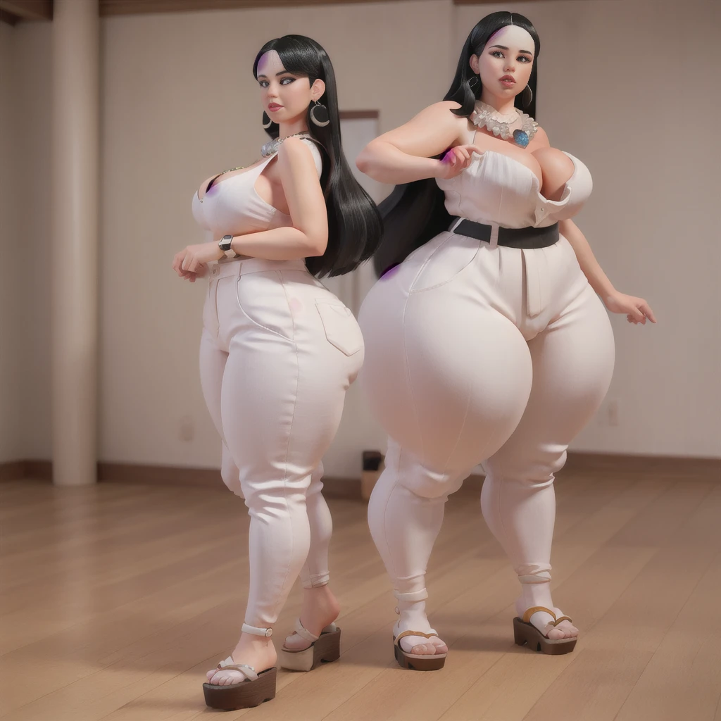 ((best quality)), ((masterpiece)), (detailed), perfect face, thicc woman, beautiful face , thicc girl , widest hips , thicc , thicc body , thicc thighs , slim arms, huge large breasts, her body is thicc, full body view, dark-black room, black bokeh background, thight dress, wearing sandles, short hairstyle, diamond necklace, wearing a watch, tall woman, restore face, white skin , longest thight pants , glasses , cold vibes, , 4k resolution, japanese goddess