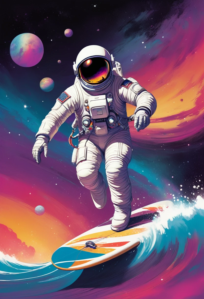 creative logo illustration of an astronaut with white space suite riding a surfbord on the colorful nebula wave with planets around, The overall theme is vibrant and fantastic with a touch of digitl art  sketch by frank frazetta, dan mumford, carne griffith, high definition, negative space, T-shirts design