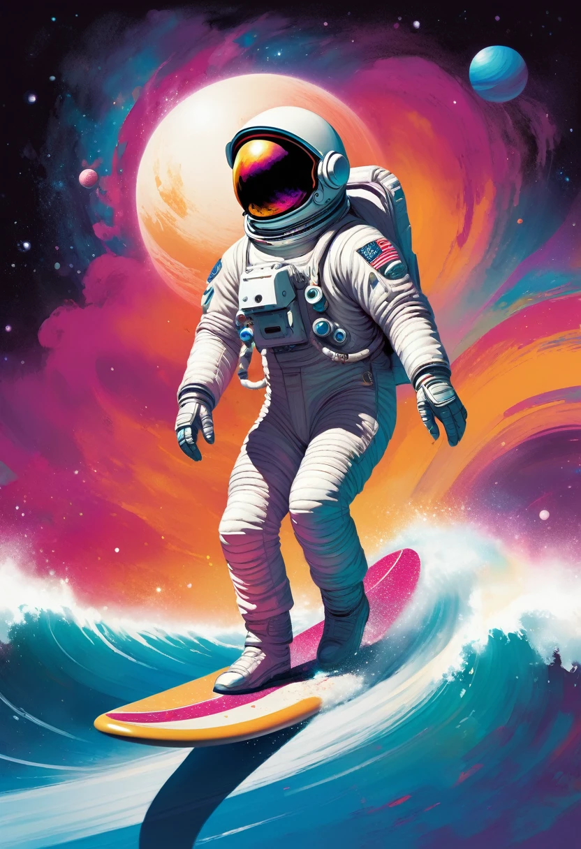 creative logo illustration of an astronaut with white space suite riding a surfbord on the colorful nebula wave with planets around, The overall theme is vibrant and fantastic with a touch of digitl art  sketch by frank frazetta, dan mumford, carne griffith, high definition, negative space, T-shirts design
