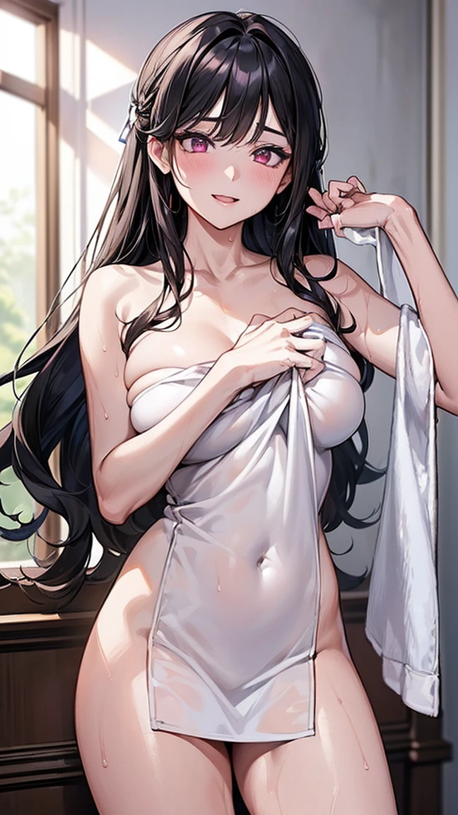 (best quality:1.1), (Masterpiece:1.2), hot lady, long hair, black hair, Hair bow, ถักเปีย, pink eyes, ((beautiful breasts:1.3)), beautiful, cute, Bright face, Good mood, ((wet towel)), ((horny, veginal, spread leg)), ปากอมชมพู, อ้าปาก, ((เขินอาย,หน้าแดงแป๊ด,มือเรียวสวย)) ((bedroom)), ((nsfw)), ((เย้ายวน:1.5)), collarbone, ((Highest quality, Best Performance, Maximum details, Light and shadow details:1.2, 4k details))