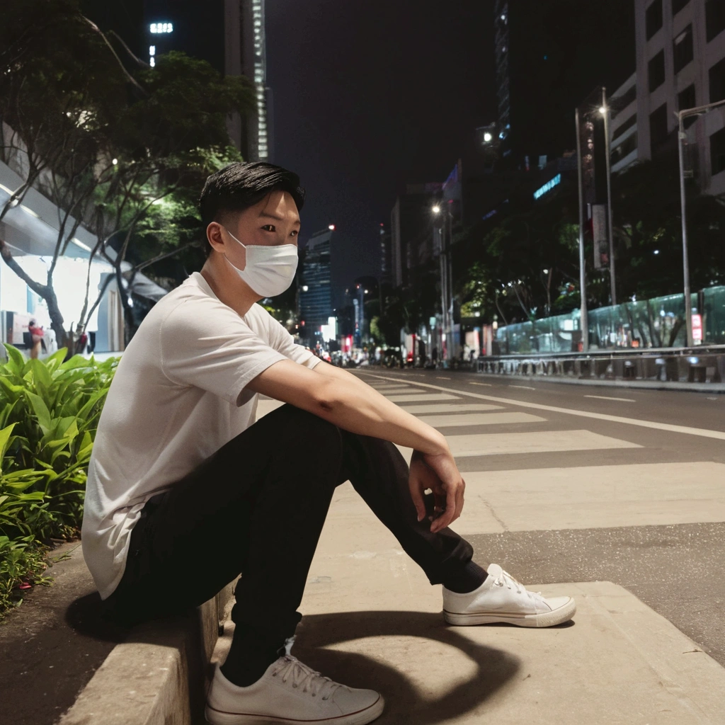 there is a man sitting on the curb wearing a mask, wearing mask, set on singaporean aesthetic, sitting on the ground, wearing a mask, sittin, in the city, standing in the streets, wearing facemask, wearing all black mempo mask, steve zheng, street pic, chillhop, wearing a fisher 🧥, sitting down casually