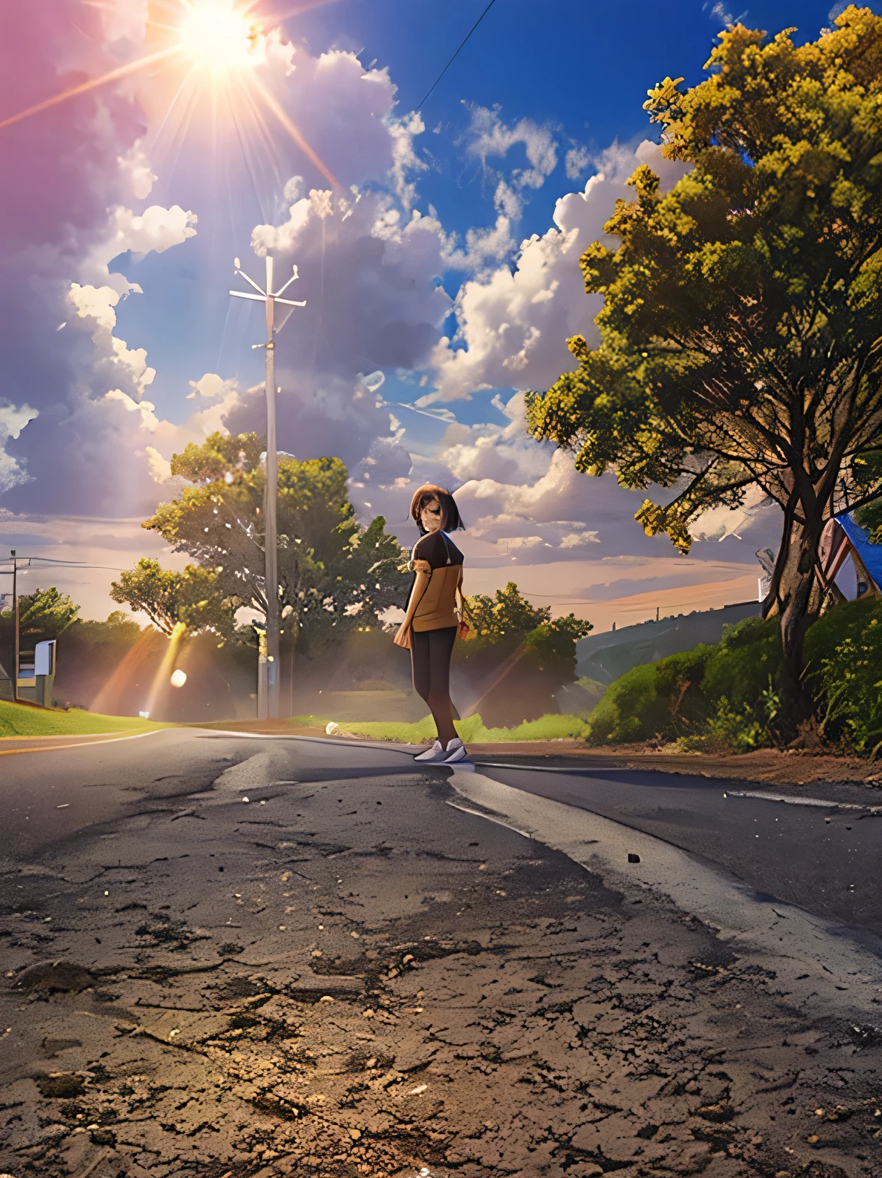 There is an 18-year-old girl wearing headphones on the street., Standing on the road, Standing Bravely on the Road, On the road, sunny dayに, sunny day, God rays background, Standing on street, full body portrait, Lens flare photoreal, standing on a hill, Standing on the street, Standing on Township Street, Distant full-body shot